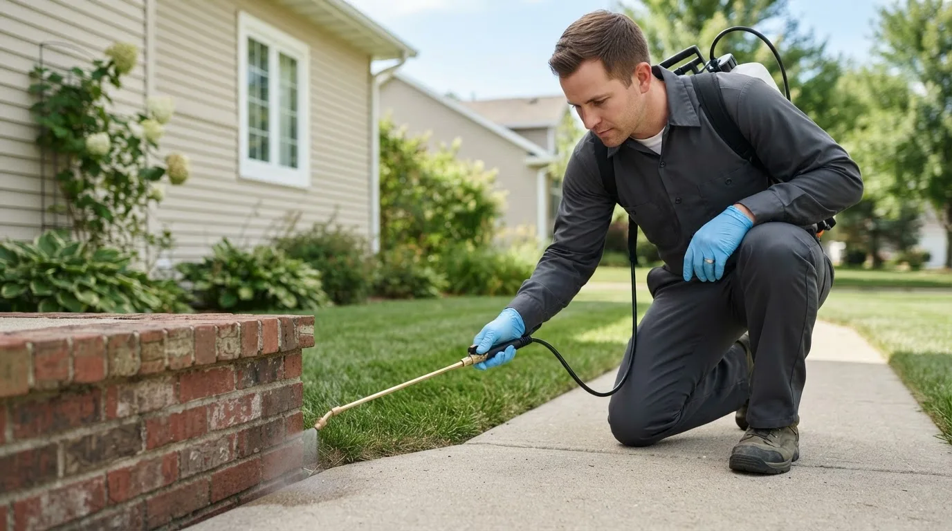 Pest control technician treating a home near Manville, RI